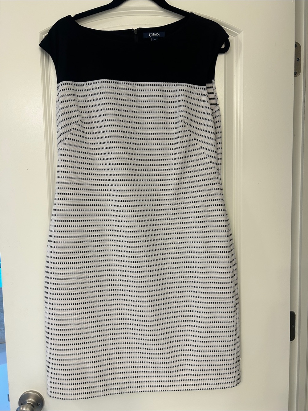 Chaps Black and White Patterned Midi Sheath Dress